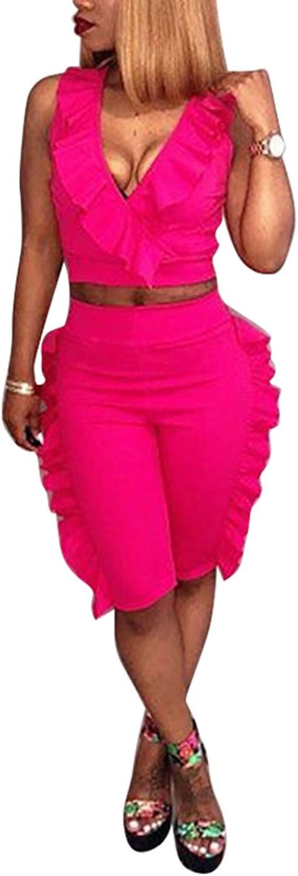Akmipoem Women’s Ruffle Two Pieces Outfits Sleeveless V Neck Crop Tops and Shorts Pants Set Tracksuit