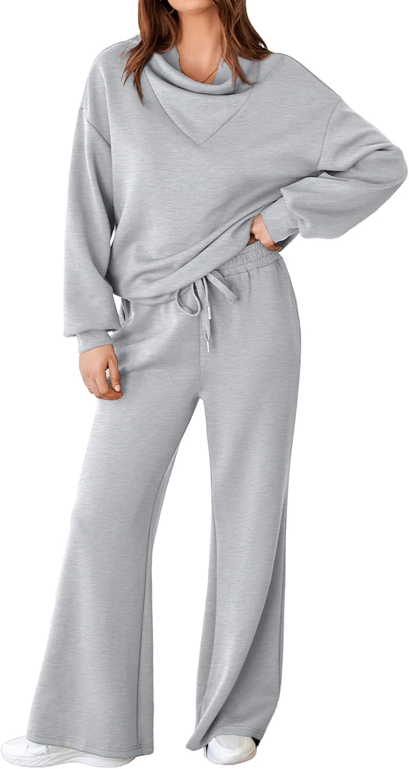 Aleumdr Women’s 2 Piece Outfits Lounge Set Mock Neck Long Sleeve Sweatshirt With Wide Leg Pants Sweatsuit Fall 2024