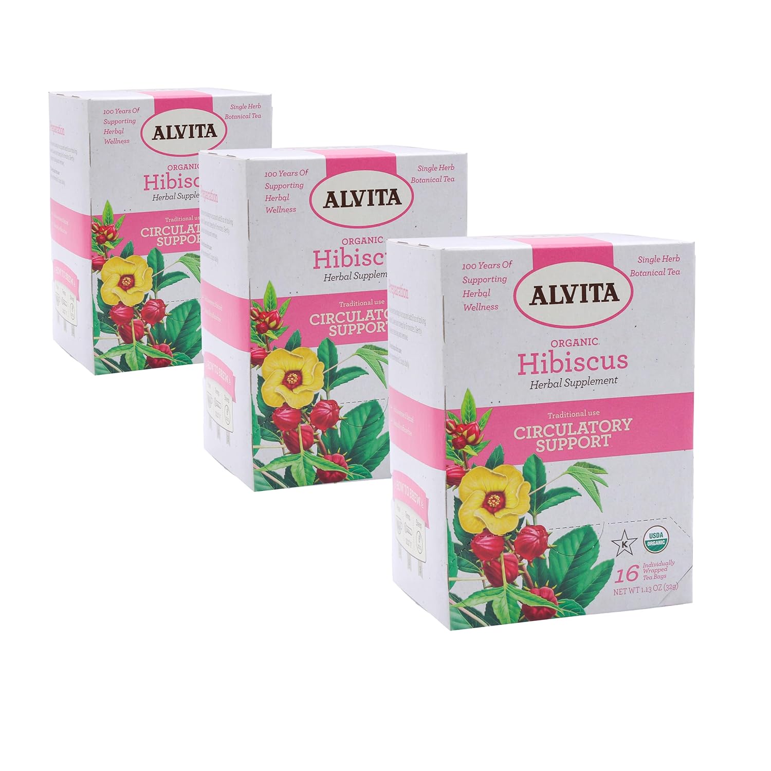 Alvita Organic Hibiscus Tea, Herbal Organic Hibiscus Flowers for Healthy Blood Pressure, Hibiscus Tea Bags for Cardiovascular Function, Antioxidant Support, Circulation (3 Pack – 16 Tea Bags Per Box)