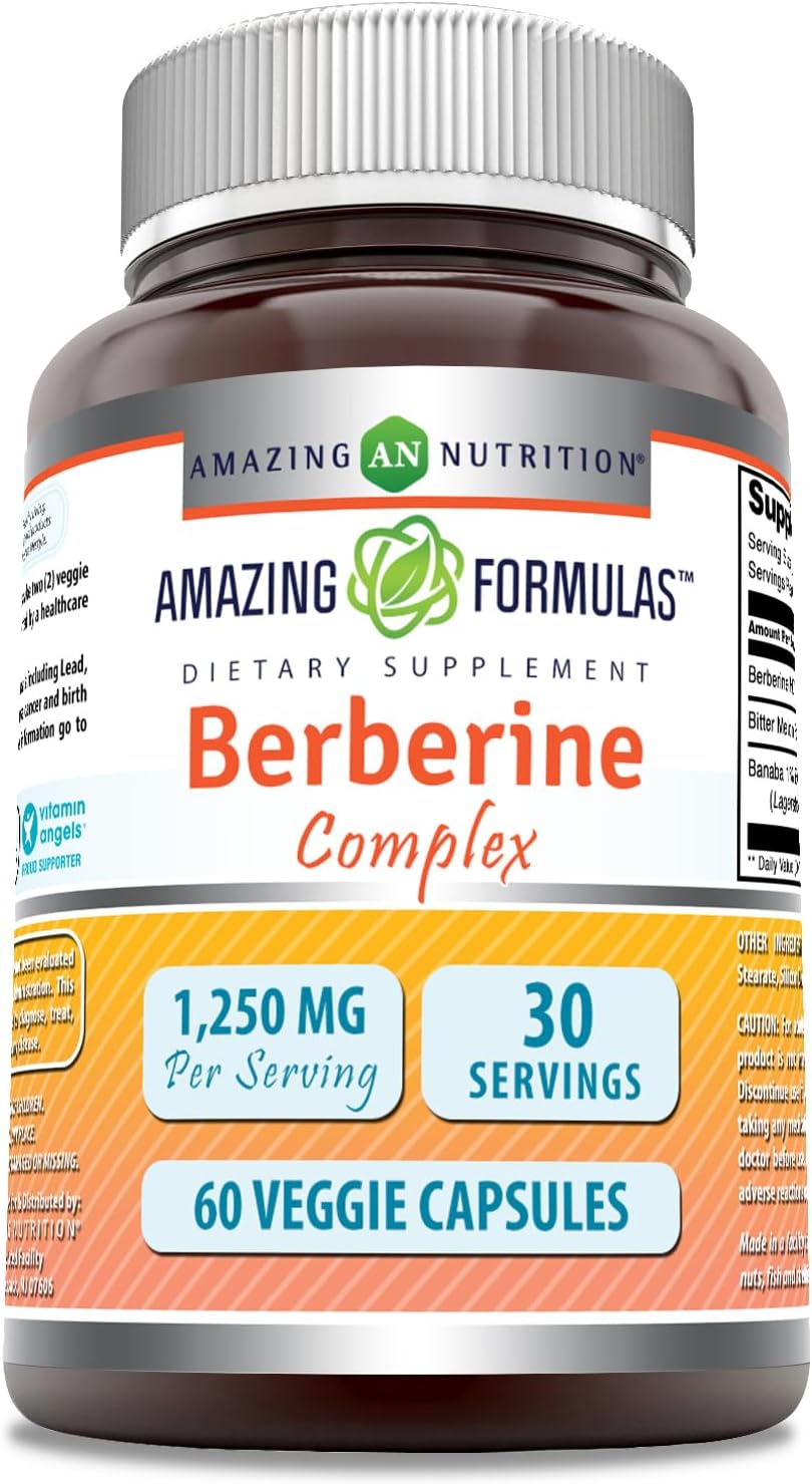 Amazing Formulas Berberine with Bitter Melon & Banaba Extract Complex | 1250 Mg Per Serving | Veggie Capsules | Non-GMO | Gluten-Free | Made in USA (60 Count)