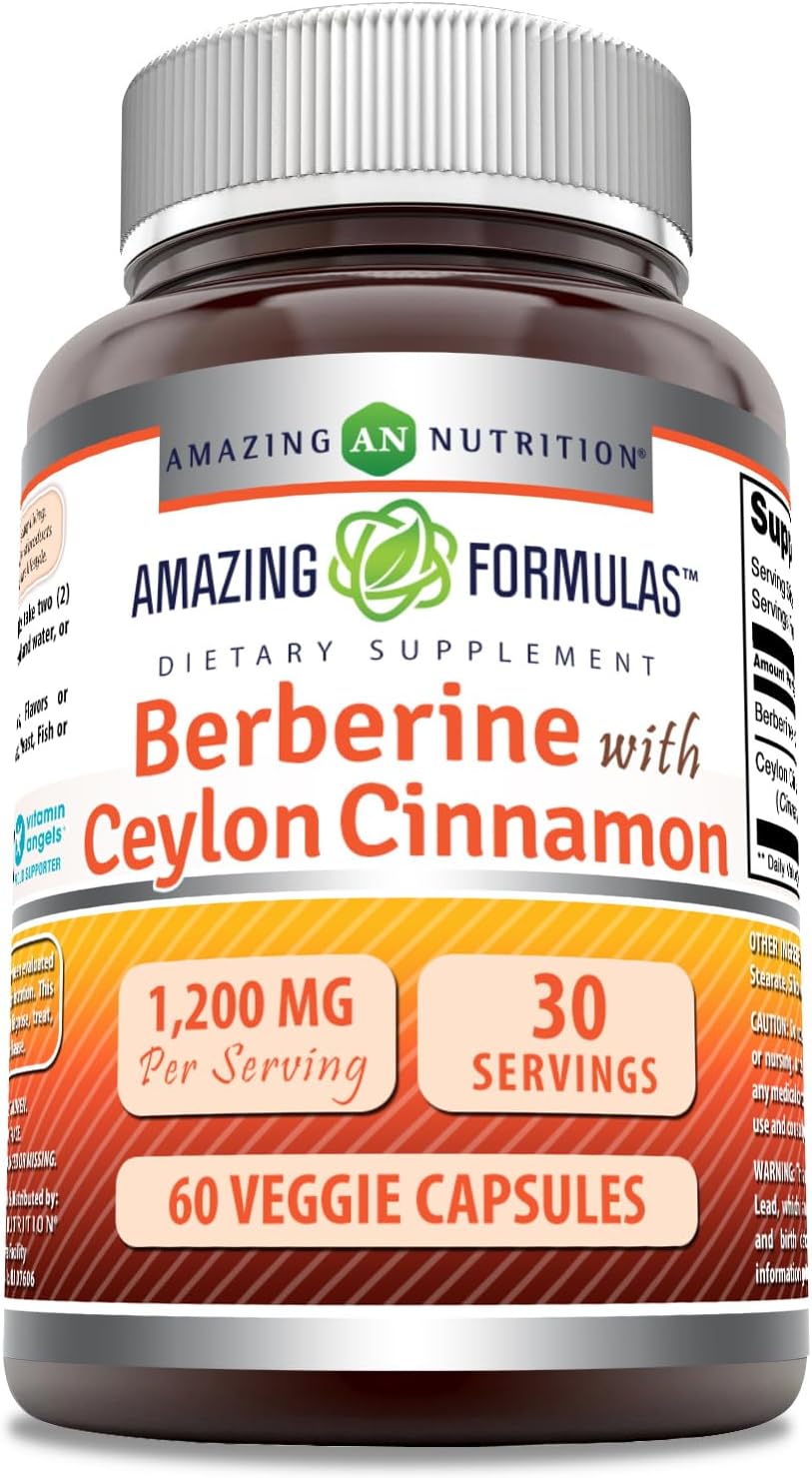 Amazing Formulas Berberine with Pure Ceylon Cinnamon 1200 Mg Per Serving | Premium Complex Supplement | Veggie Capsules | Non-GMO | Gluten Free | Made in USA (1 Pack, 60 Count)