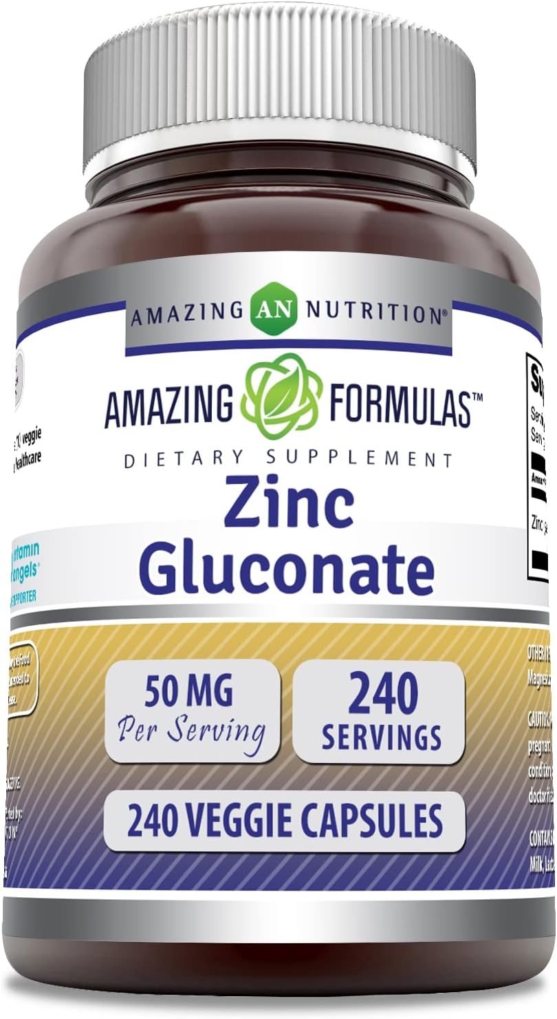 Amazing Formulas Zinc Gluconate Supplement | 50 Mg Per Serving | 240 Veggie Capsules | Non-GMO | Gluten Free | Made in USA