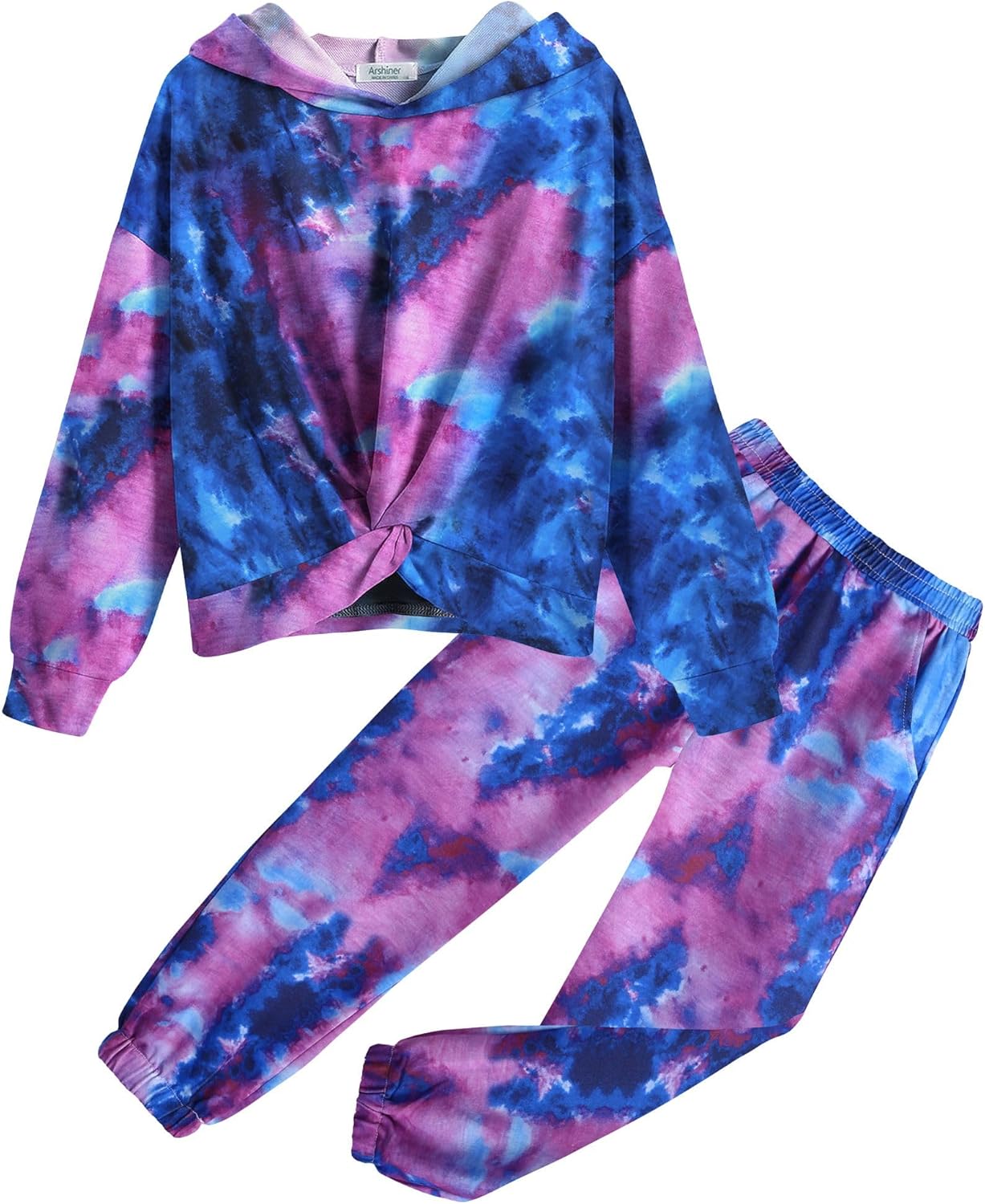 Arshiner Girl’s 2 Piece Outfits Tie-dye Twist Front Pullover Hooded Sweatsuits Sweatshirt and Sweatpants Clothing Set
