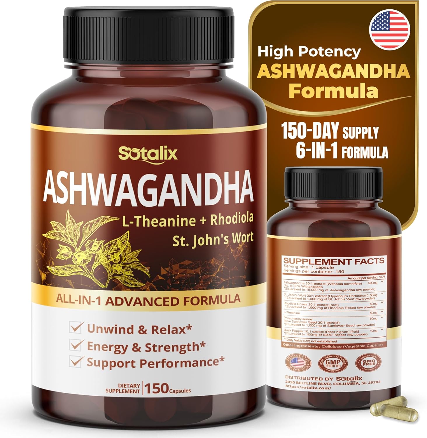 Ashwagandha 18,150mg All-in-1 Advanced Formula with L-Theanine, Rhodiola, St. John’s Wort for Unwind & Relax & Strength – USA Made & Tested (150 Count (Pack of 1))