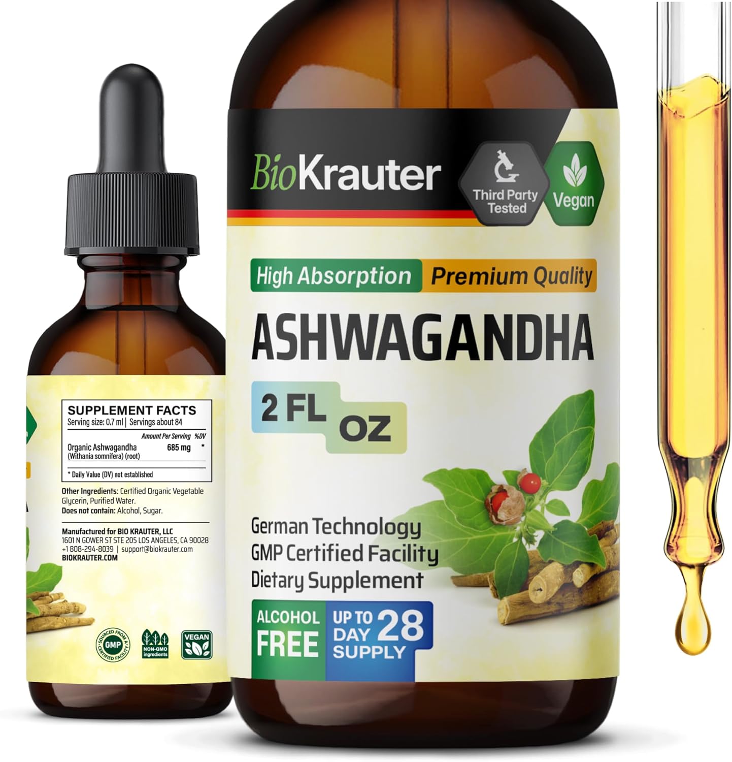 Ashwagandha Liquid Drops – Ashwagandha Supplements for Calmness – Ashwagandha Root Liquid Extract – Vegan Mood Support Ashwagandha Tincture 2 Fl.Oz.