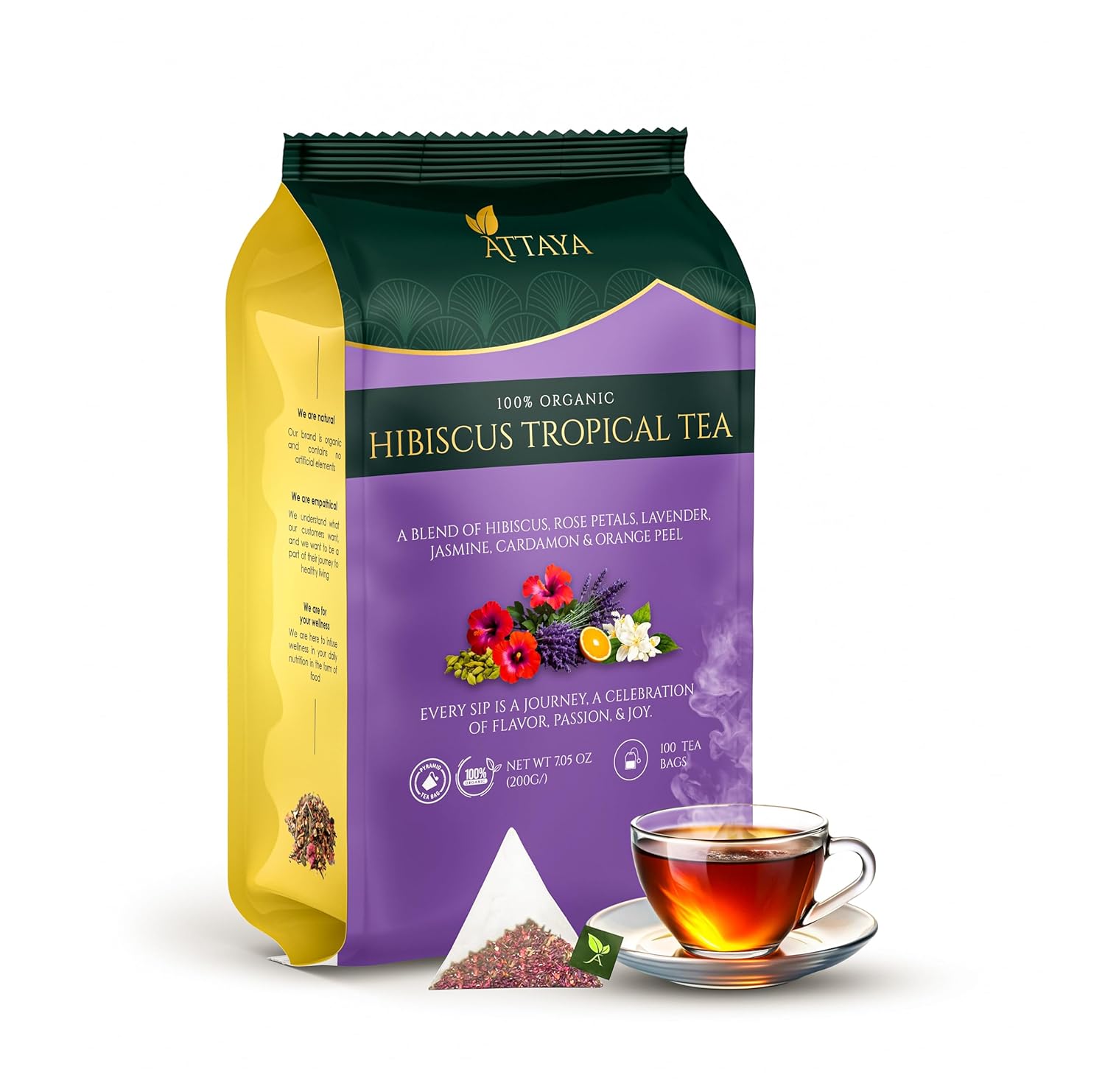 Attaya Organic Hibiscus Tea Bags | Organic Hibiscus Tropical Tea 7.05 oz | Blend of Hibiscus, Rose Petals, Lavender, Jasmine, Cardamom & Orange Peel, 100 Tea Bags
