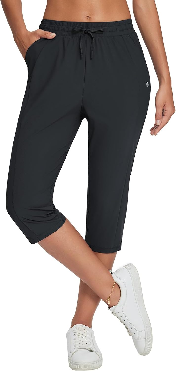 BALEAF Women’s Capri Yoga Pants Loose Drawstring Workout Sweatpants High Waist Lounge Pants with Pockets UPF50+ Causal Summer