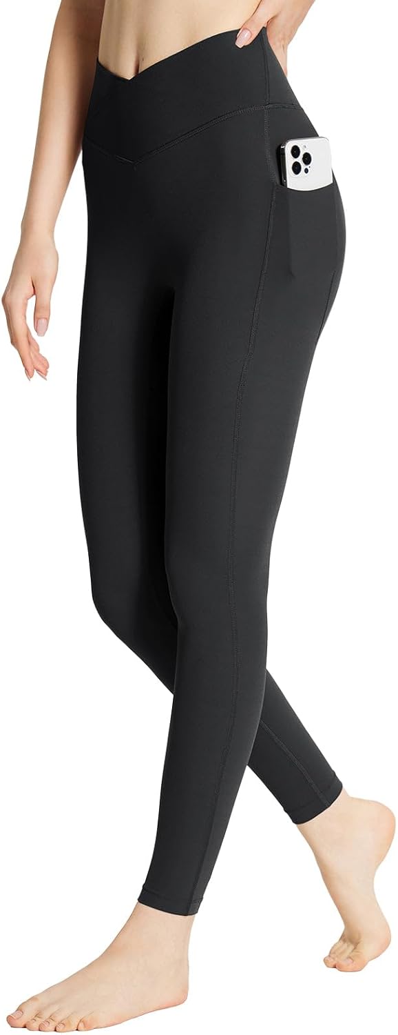 BALEAF Women’s Workout Leggings with Pockets 25” Cross Waist Yoga Pants High Waisted Lightweight Summer Tights