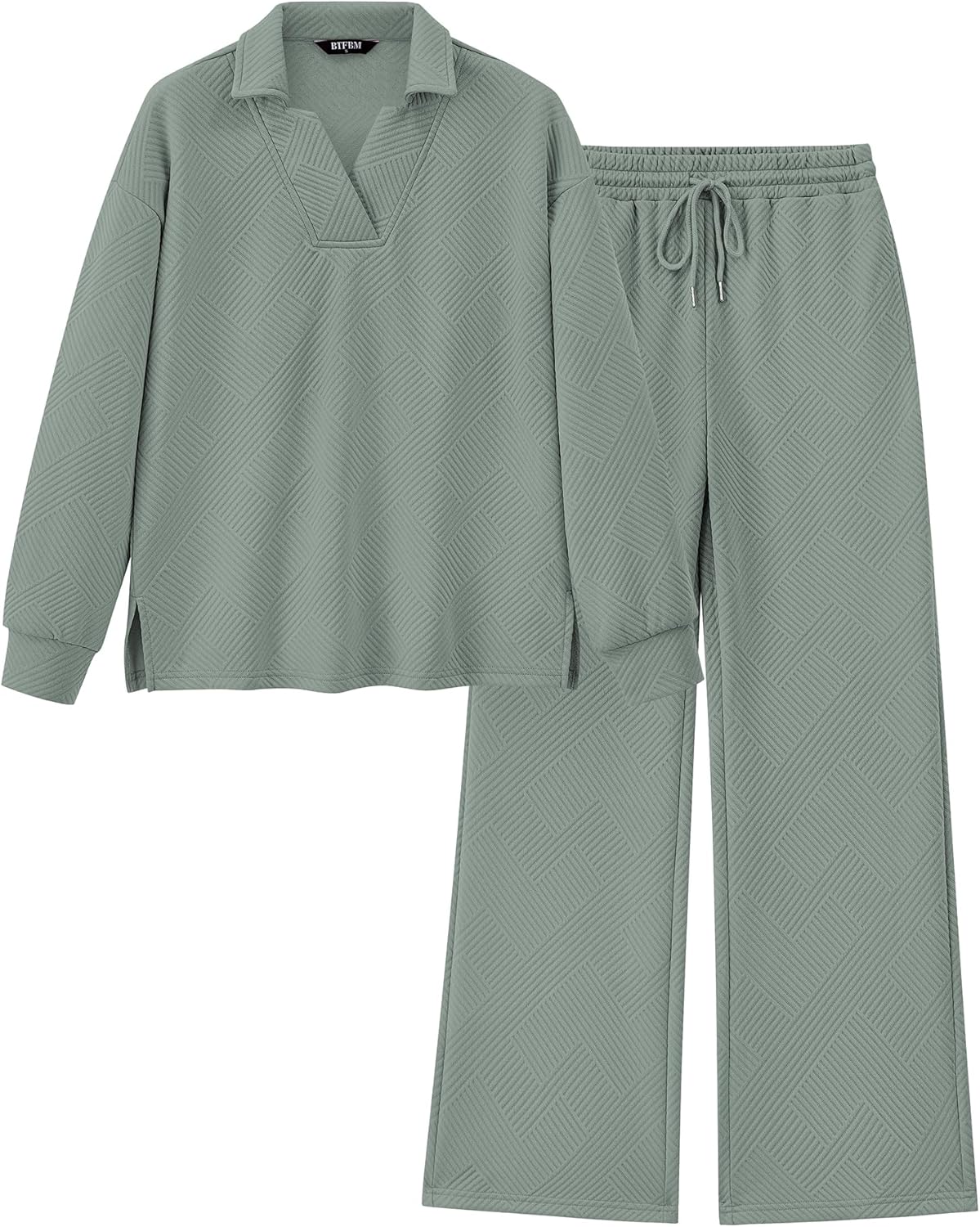 BTFBM Women 2 Piece Outfit 2024 Fall Winter Lapel V Neck Long Sleeve Pullover and Wide Leg Pants Lounge Sets Pockets