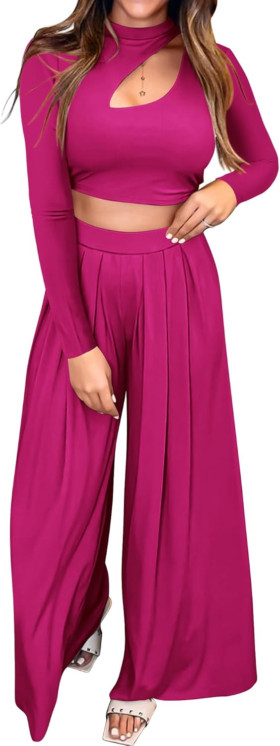 BTFBM Women's 2 Piece Tracksuit Outfits Cutout Long Sleeve Crop BTFBM Women's 2 Piece Tracksuit Outfits Cutout Long Sleeve Crop Top Wide Leg Pant Ribbed Knit Sweatsuits Yoga Lounge Set