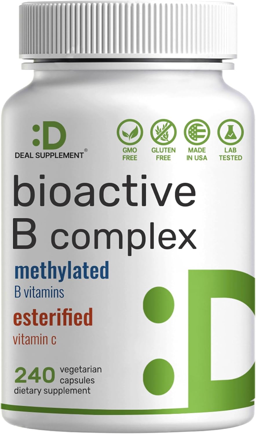 Bioactive Vitamin B Complex, 240 Veggie Capsules – Methylated Multivitamin B Complex & Esterified Vitamin C – High Potency & Easy Absorption – Immune, Energy, & Metabolism Supplement – Non-GMO