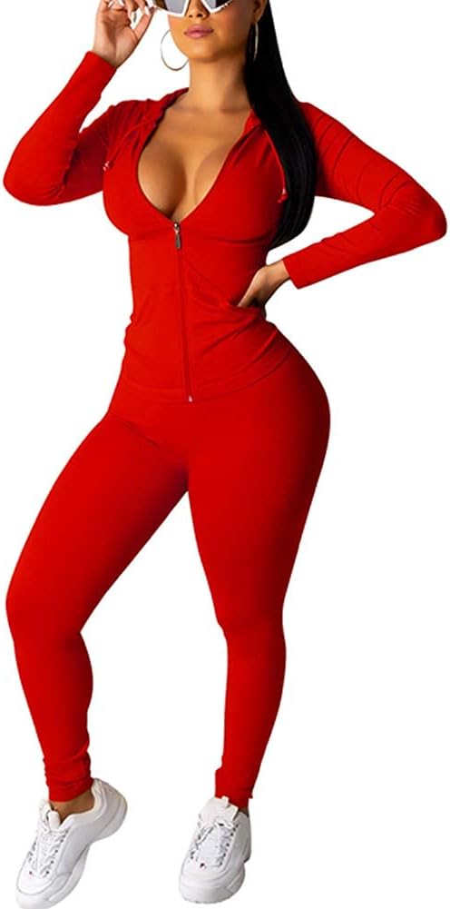 Bornpom Women 2 Piece Outfits Hoodie Long Sleeve Zip Up Jackets Bodycon Long Pants Tracksuit Sets