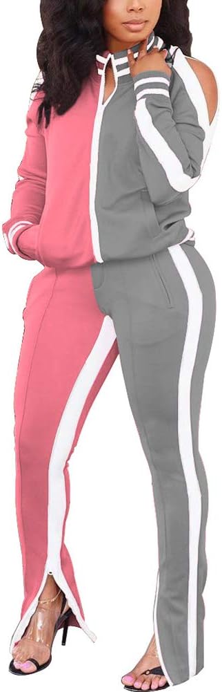 Bornpom Women 2 Piece Outfits Striped Patchwork Color Block Jackets Bodycon Side Slit Long Pants Tracksuit Sets