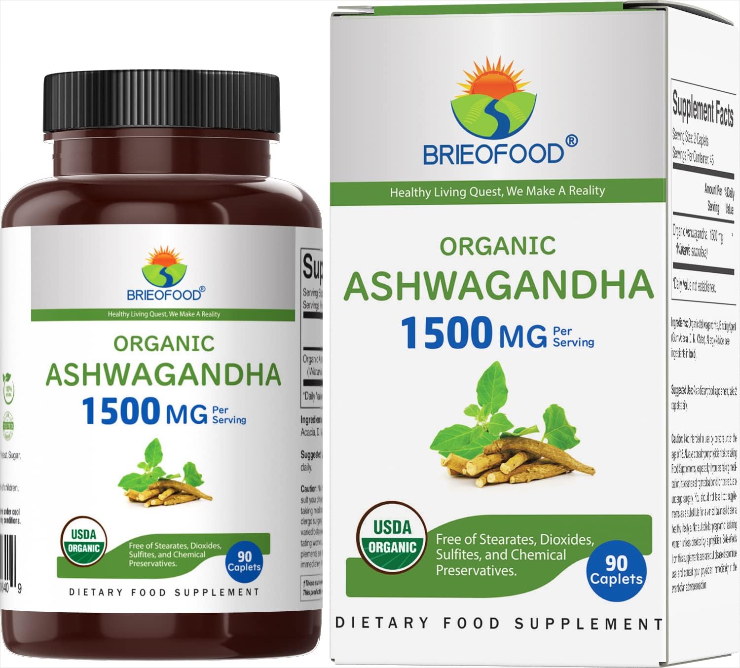 Brieofood Organic Ashwagandha 1500mg, 45 Servings, Vegetarian, Gluten Free, 90 Vegetarian Tablets