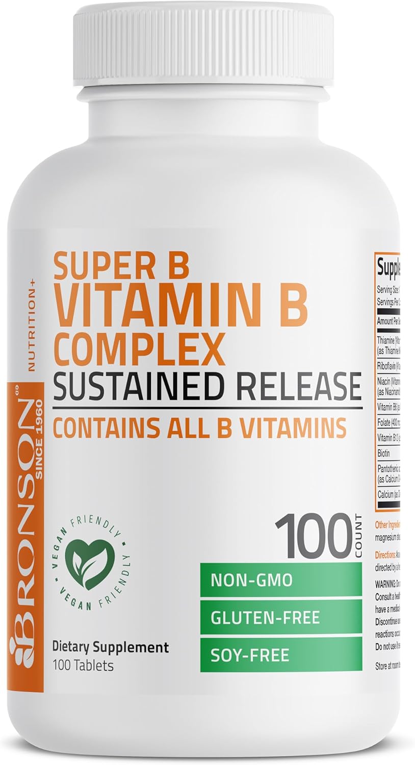 Bronson Super B Vitamin B Complex Sustained Slow Release (Vitamin B1, B2, B3, B6, B9 – Folic Acid, B12) Contains All B Vitamins 100 Tablets