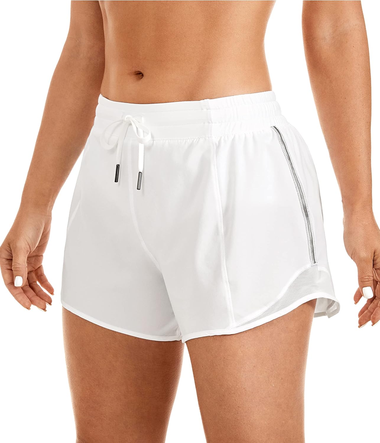 CRZ YOGA Womens Athletic Running Shorts with Zip Pocket, 4″ Mid-Waist Mesh Liner Gym Workout Shorts