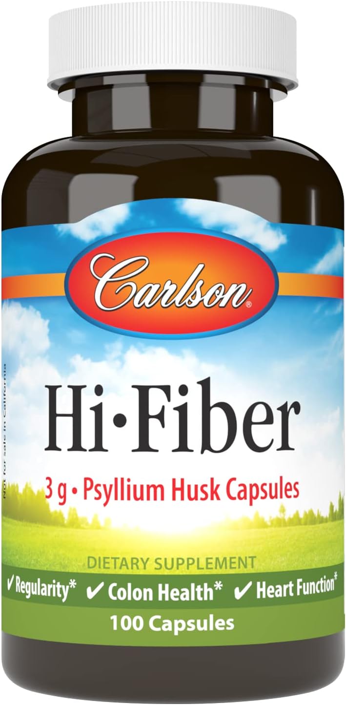Carlson – Hi-Fiber, 3 g, Psyllium Husk Capsules, Regularity, Colon Health & Heart Function, 100 Capsules