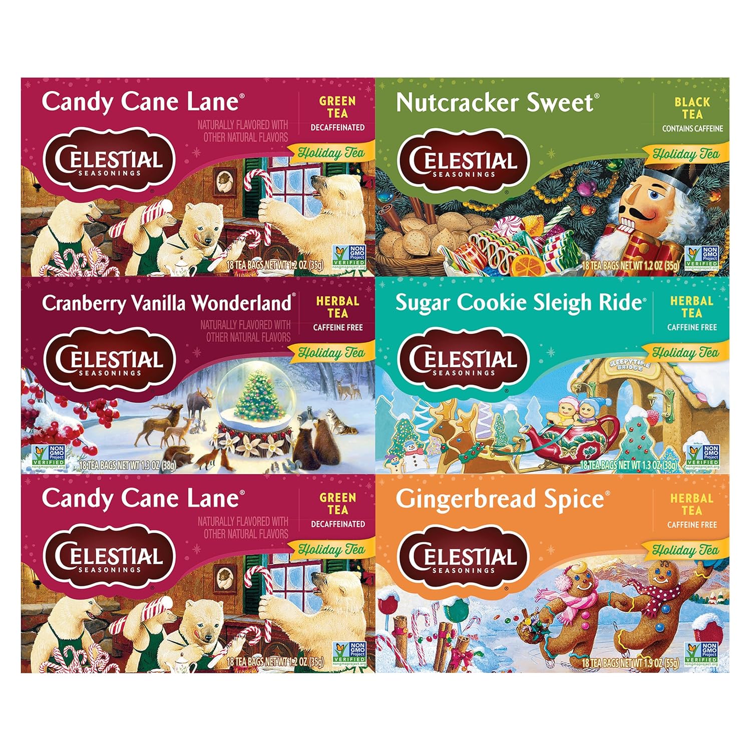 Celestial Seasonings Holiday Tea Sampler Herbal Variety Pack, Caffeine Free, 18 Tea Bags Box, (Pack of 6)