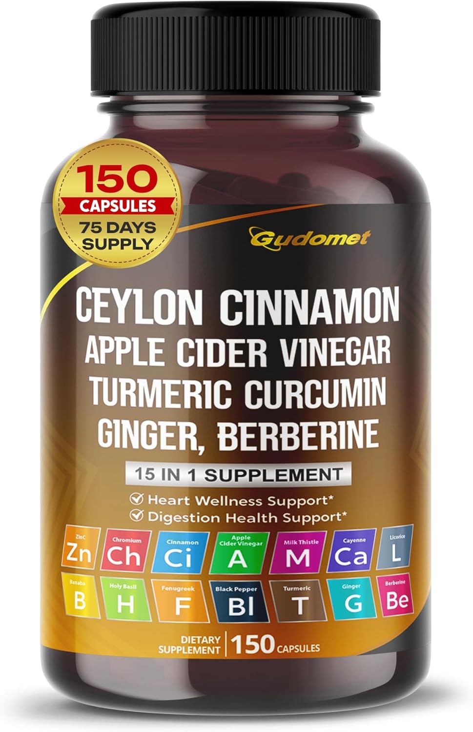 Ceylon Cinnamon Apple Cider Vinegar Turmeric Ginger Root Berberine Gymnema sylvestre Milk Thistle Licorice -150 Capsules- Made in USA