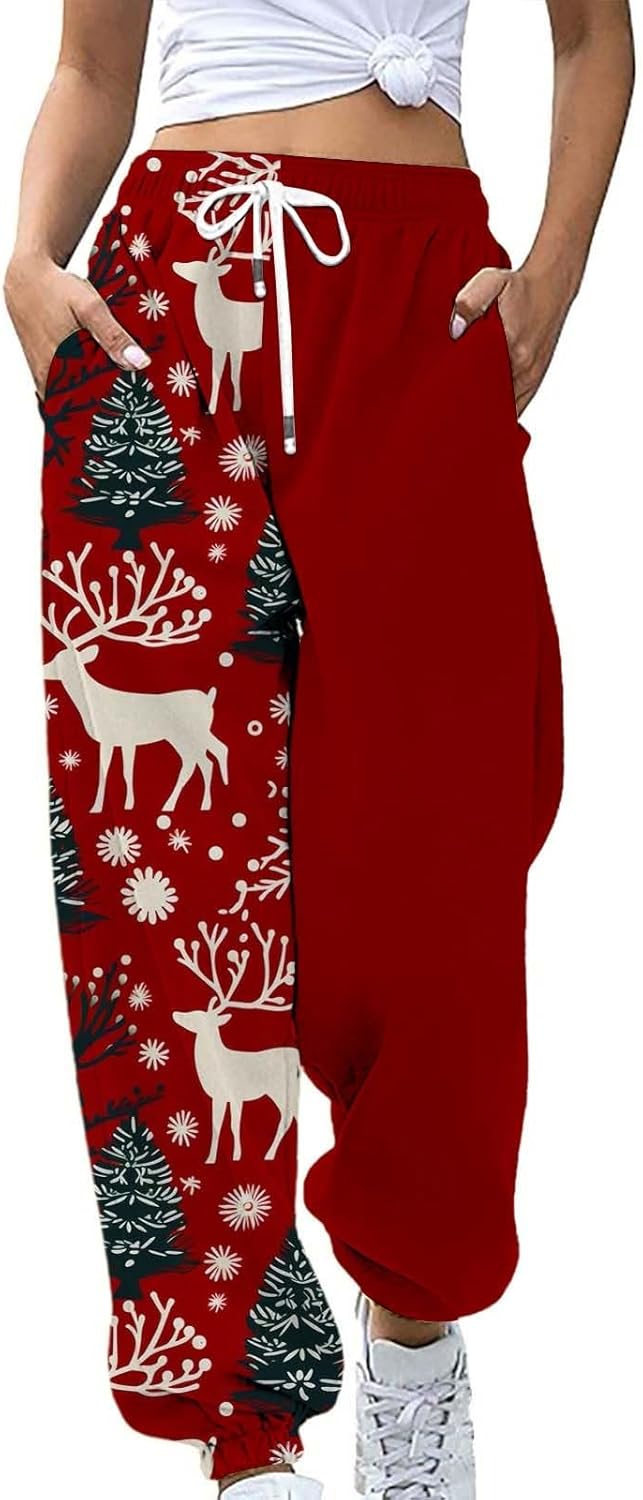 Christmas Sweatpants for Women 2024 High Waist Joggers Drawstring Elastic Fashion Pajamas Pants Womens Sweat Pants