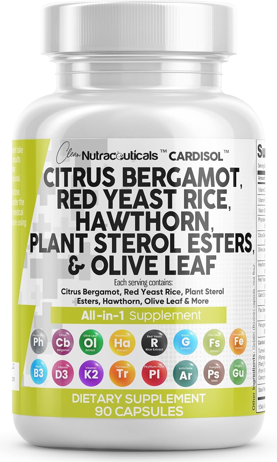 Clean Nutraceuticals Citrus Bergamot 3000mg Red Yeast Rice 6000mg Capsules with Plant Sterols 6000mg – with Hawthorn Extract Olive Leaf Niacin Vitamin K3 D3 COQ10 Guggul & More – USA Made