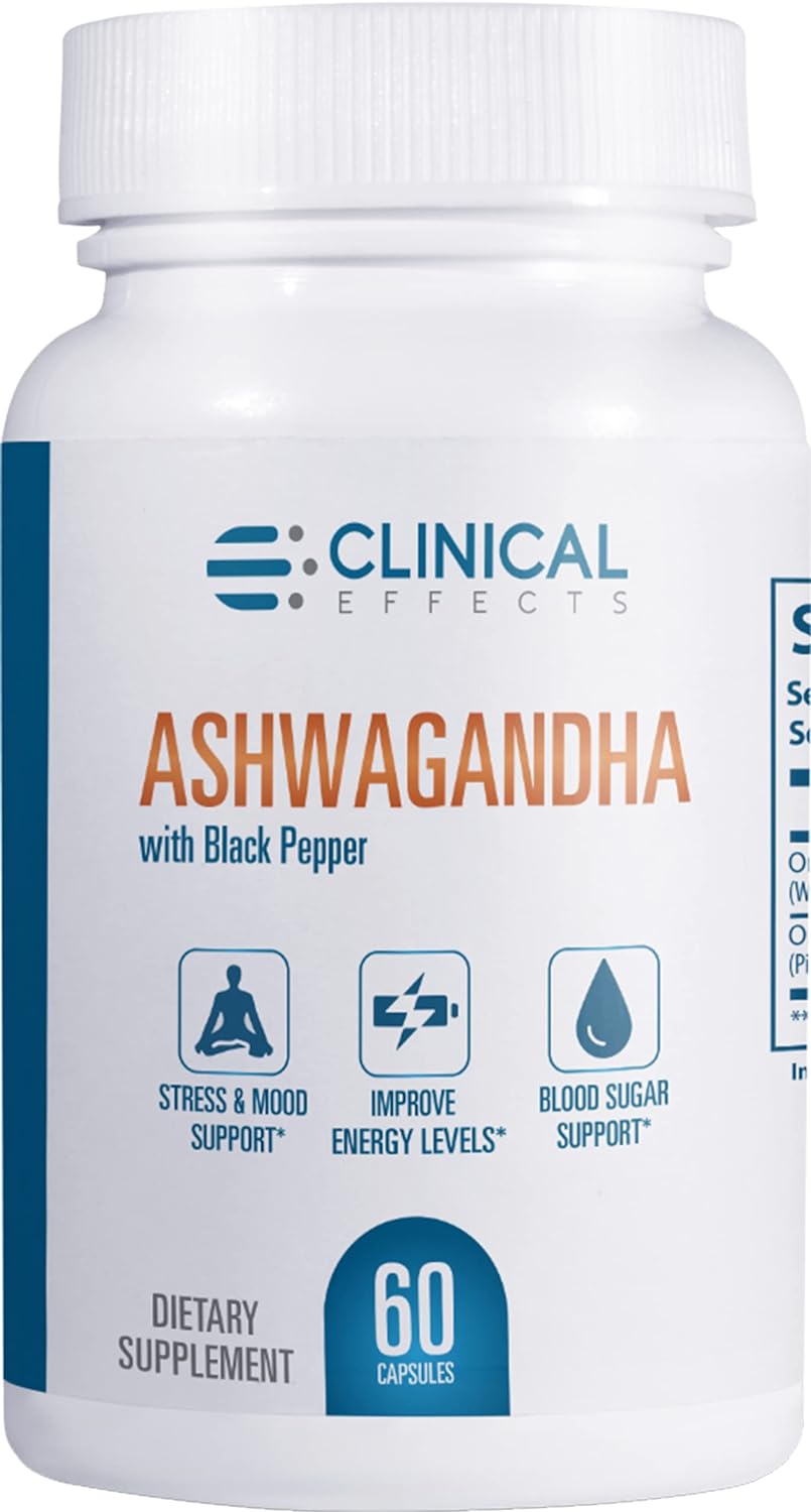 Clinical Effects Ashwagandha with Black Pepper for Stamina and Calm – 60 Ashwagandha Capsules – Made in The USA