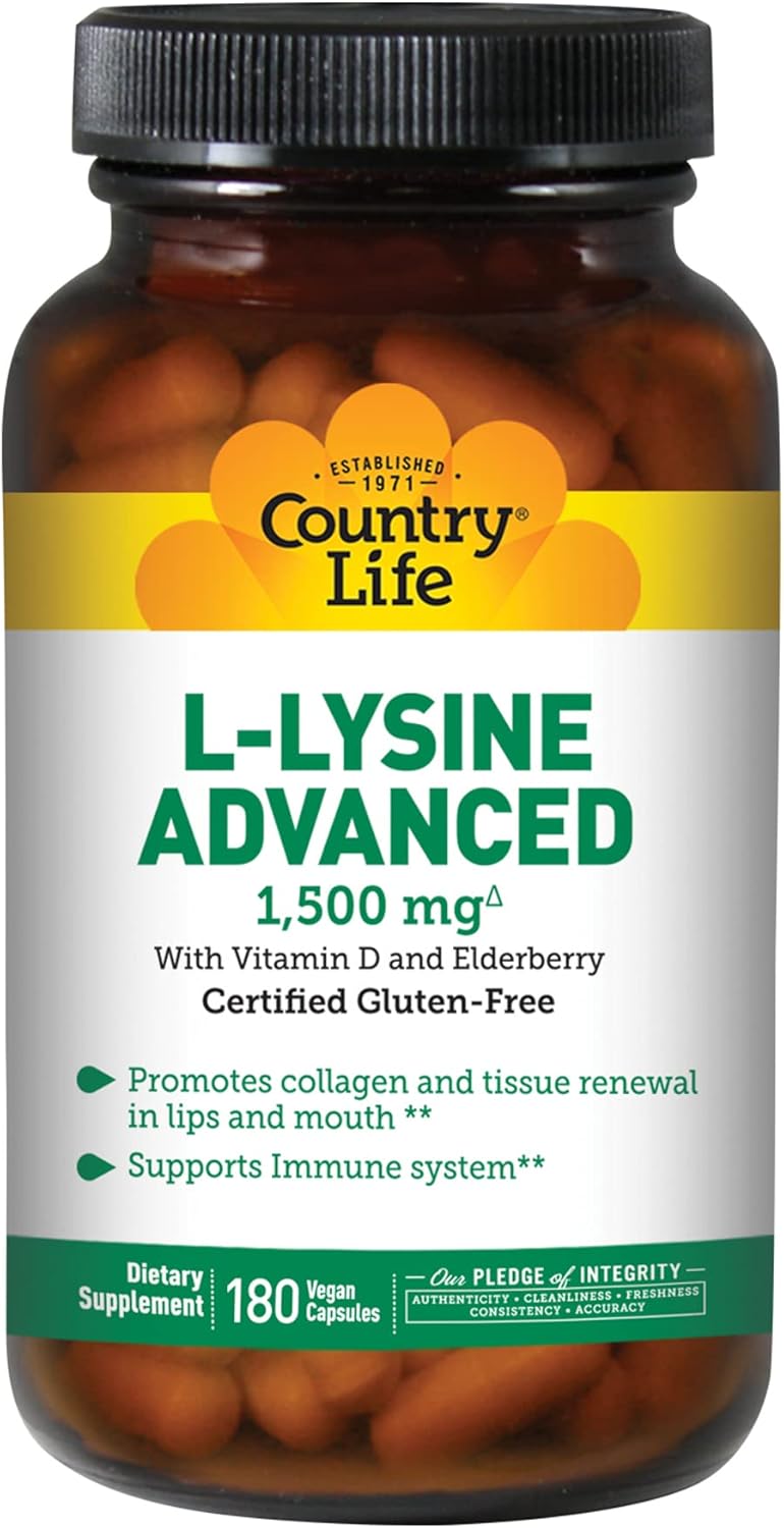 Country Life L-Lysine 1500mg Capsules with Vitamin D & Elderberry – Advanced Immune Support and Collagen Renewal – Certified Gluten-Free & Vegan – 180 Capsules