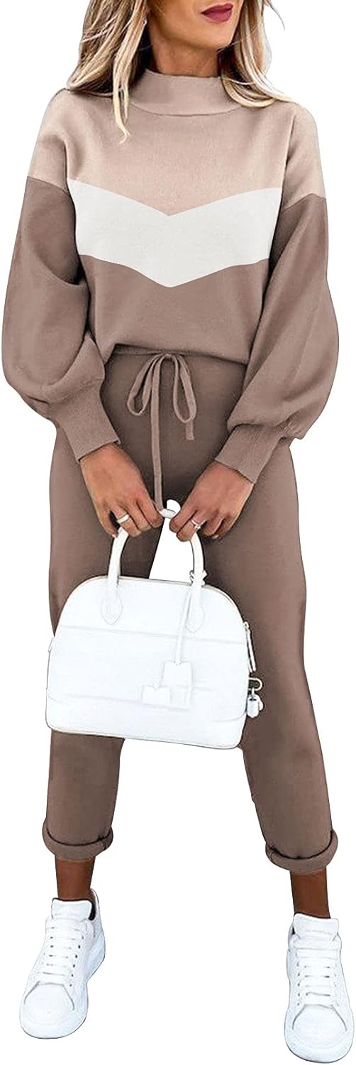 Cutiefox Women’s 2 Piece Sweatsuit Outfits Lantern Sleeve Pullover Tops and High Waist Jogger Pants Lounge Sets