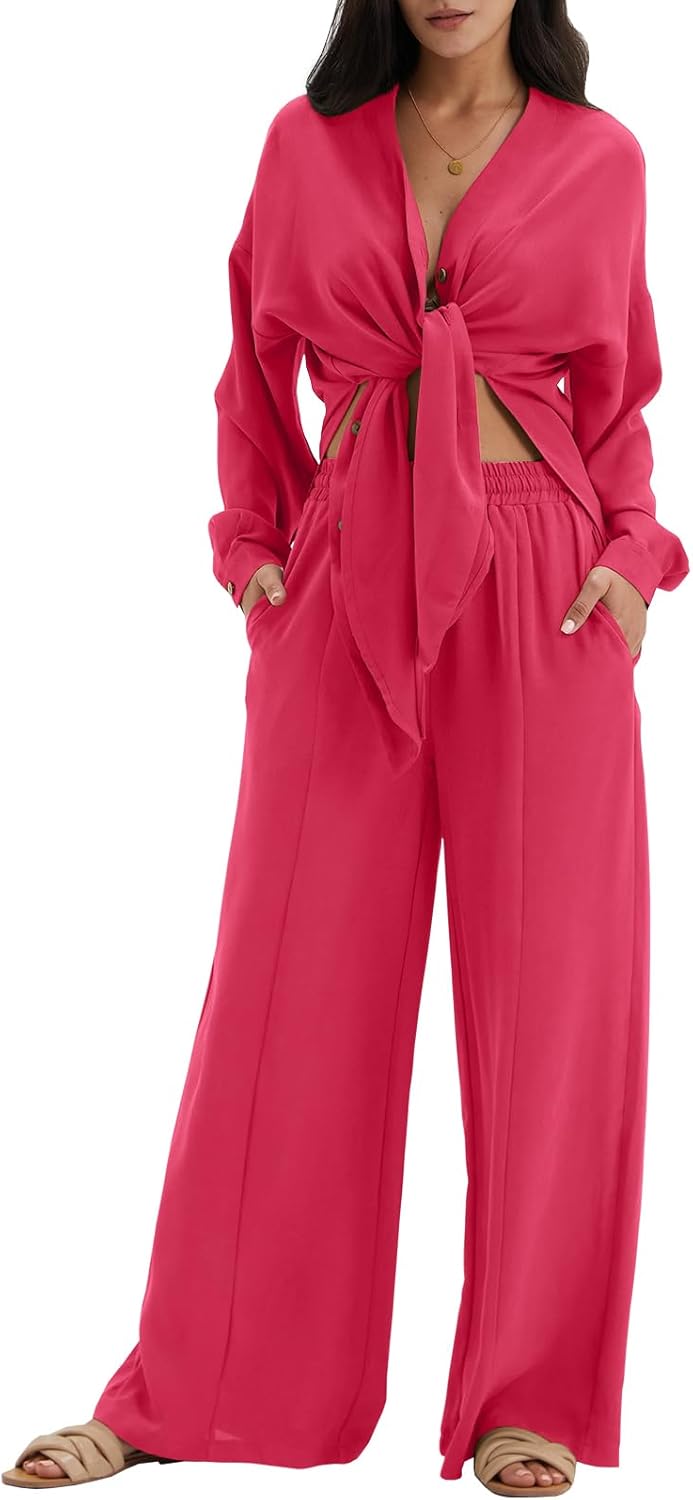 DEEP SELF Womens 2 Piece Outfits Casual Long Sleeve Slit Hem Button Down Shirt Wide Leg Long Pants Sets Streetwear Loungewear