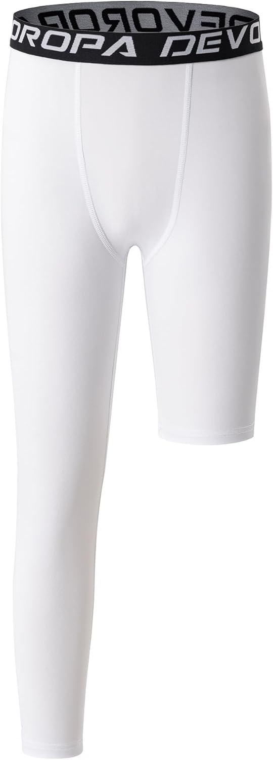 DEVOROPA Youth Boys One Leg Compression Pants for Basketball 3/4 Leggings Sports Tights Kids Athletic Soccer Base Layer