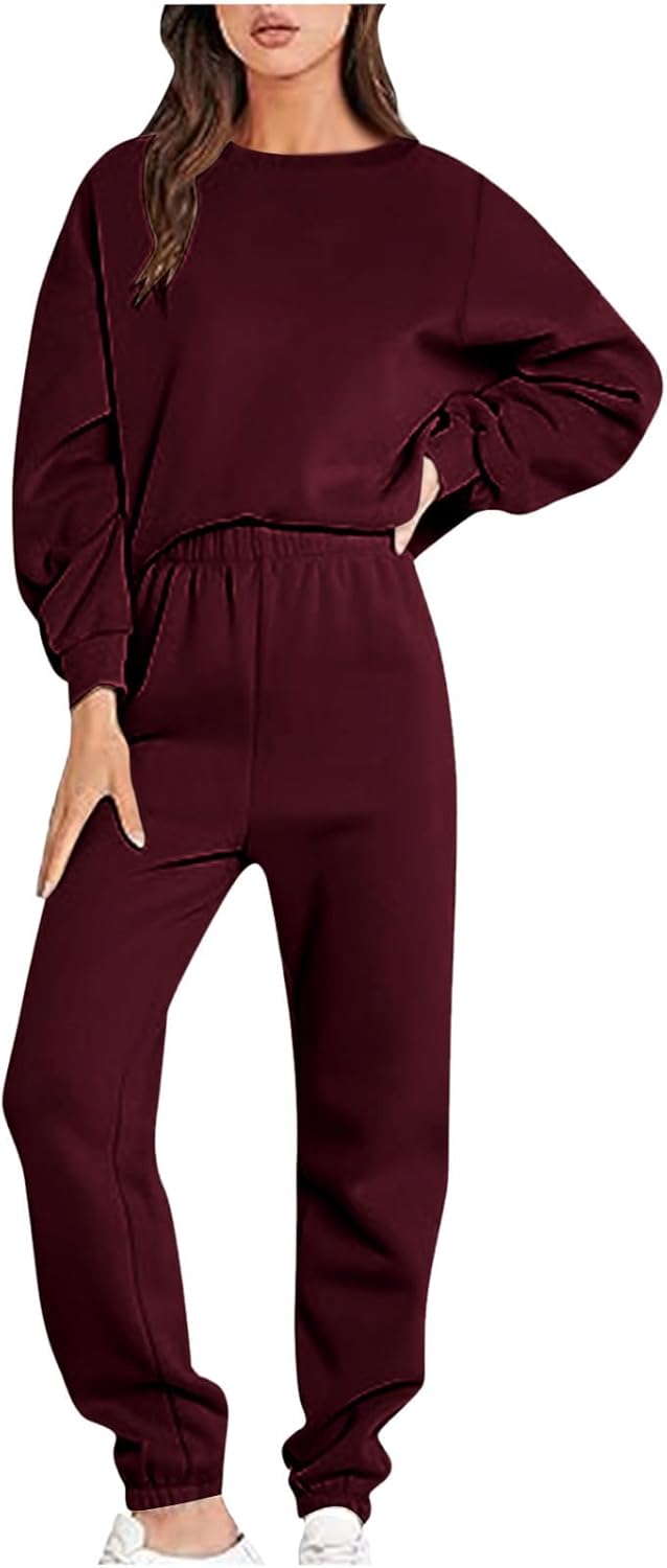 DOLKFU Women’s 2 Piece Outfits 2023 Fall Fashion Long Sleeve Crewneck Pullover Sweatsuits High Waist Sweatpants Tacksuits