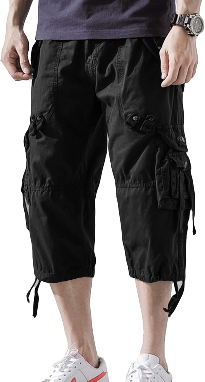 DONGD Mens Cargo Shorts Cotton 3/4 Loose Fit Below Knee Capri Cargo Short
