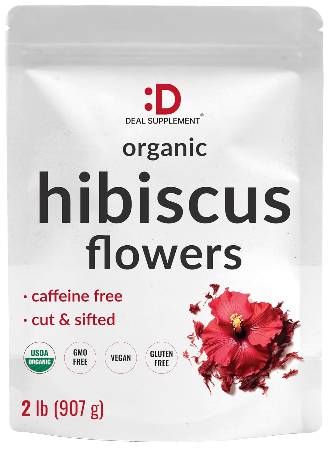 Dried Organic Hibiscus Flowers, 2 Pounds – Cut & Sifted Whole Leaves – Loose Leaf Flower Source – Raw Flavor & Aroma, Great for Refilling Tea Bags – Caffeine Free, No Sugar, Non-GMO