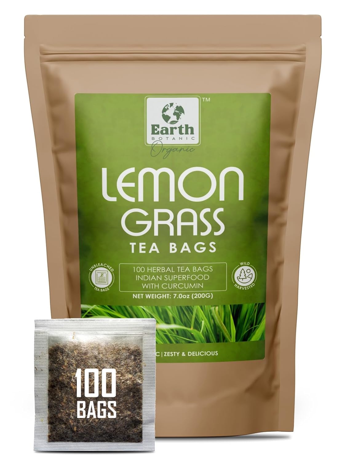 Earth BOTANIC Organic Lemongrass Tea Bags (100 Count) Non-GMO, Caffeine Free, Premium Quality Lemongrass Tea- Eco-conscious Round Tea Bags – Sourced From India