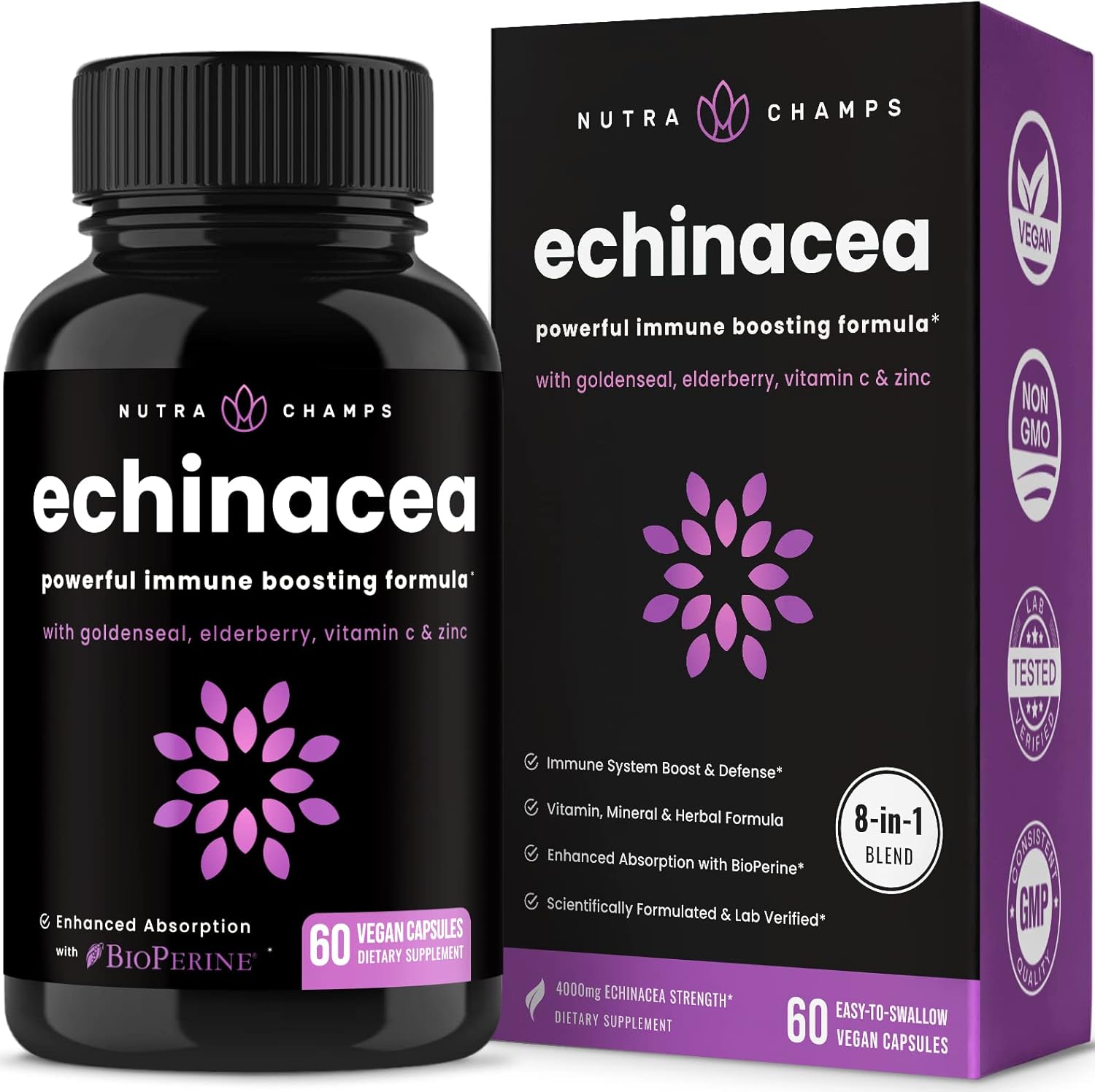 Echinacea Capsules 1000mg – 8-in-1 Immune Support Supplement – Echinacea Goldenseal, Vitamin C, Zinc, Ginger, Elderberry – Antioxidant Immune Boost with Bioperine for Enhanced Absorption – 60 Capsules