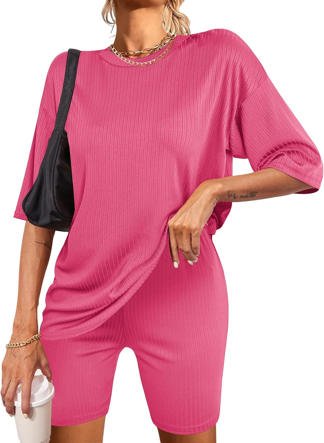 Ekouaer Pajamas 2 Piece Lounge Sets Ribbed Knit Matching Outfits T-shirt Biker Shorts Sleepwear Loungewear Sweatsuits