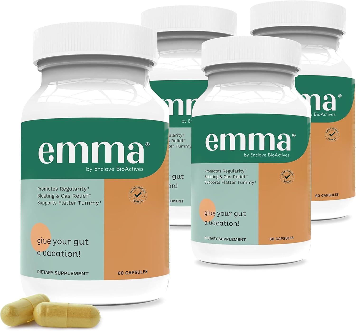 Emma Gut Health – 4 Pack – Gas and Bloating Relief, Constipation, Leaky Gut Repair – Gut Cleanse & Restore Digestion – Regulate Bowel Movement. Probiotics and Laxative Alternative, 240 Capsules