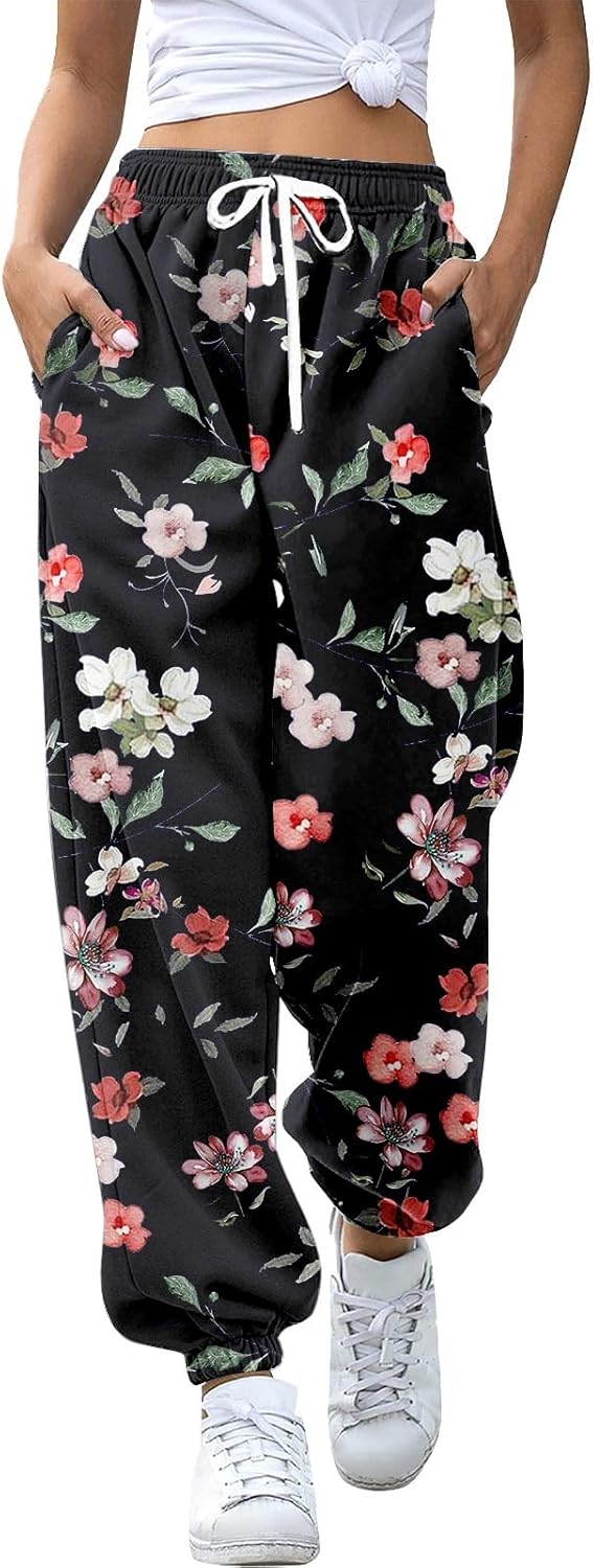 Fall Trendy Sweatpants for Women with Pockets Lounge Oversized Foral Printed High Waisted Ealstic Drawstring Pants