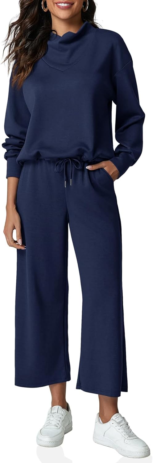 Fisoew Women’s 2 Piece Outfits Sweatsuits Long Sleeve Cowl Neck Sweatshirts and Wide Leg Cropped Pants Tracksuit Sets