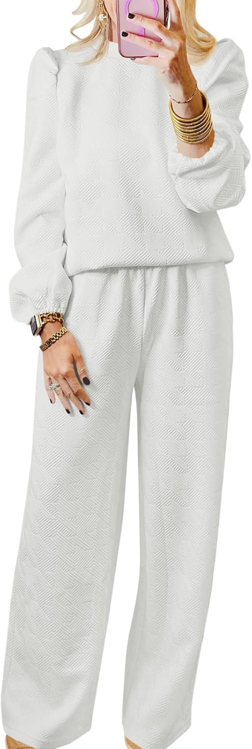 Fisoew Womens 2 Piece Outfits Sweatsuits Sets Txtured Puff Long Sleeve Sweatshirt Wide Leg Pants Tracksuit