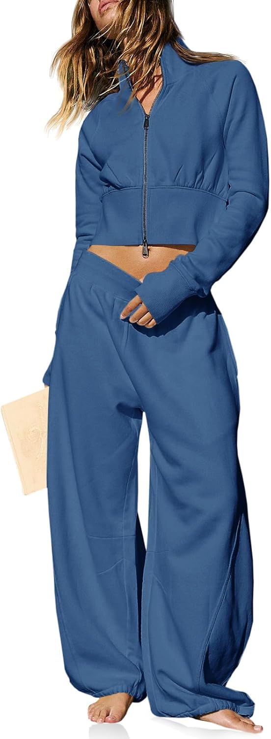 Fisoew Womens 2 Piece Outfits Zip Up Long Sleeve Cropped Sweatshirt Loose High Waisted Pants Casual Tracksuit Sets