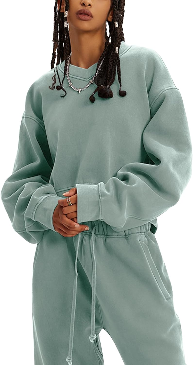 Flygo Women Sweat Set Sweatsuit Fleece 2 Piece Joggers Tracksuit Outfits Crop Sweatshirt Sweatpants Sets
