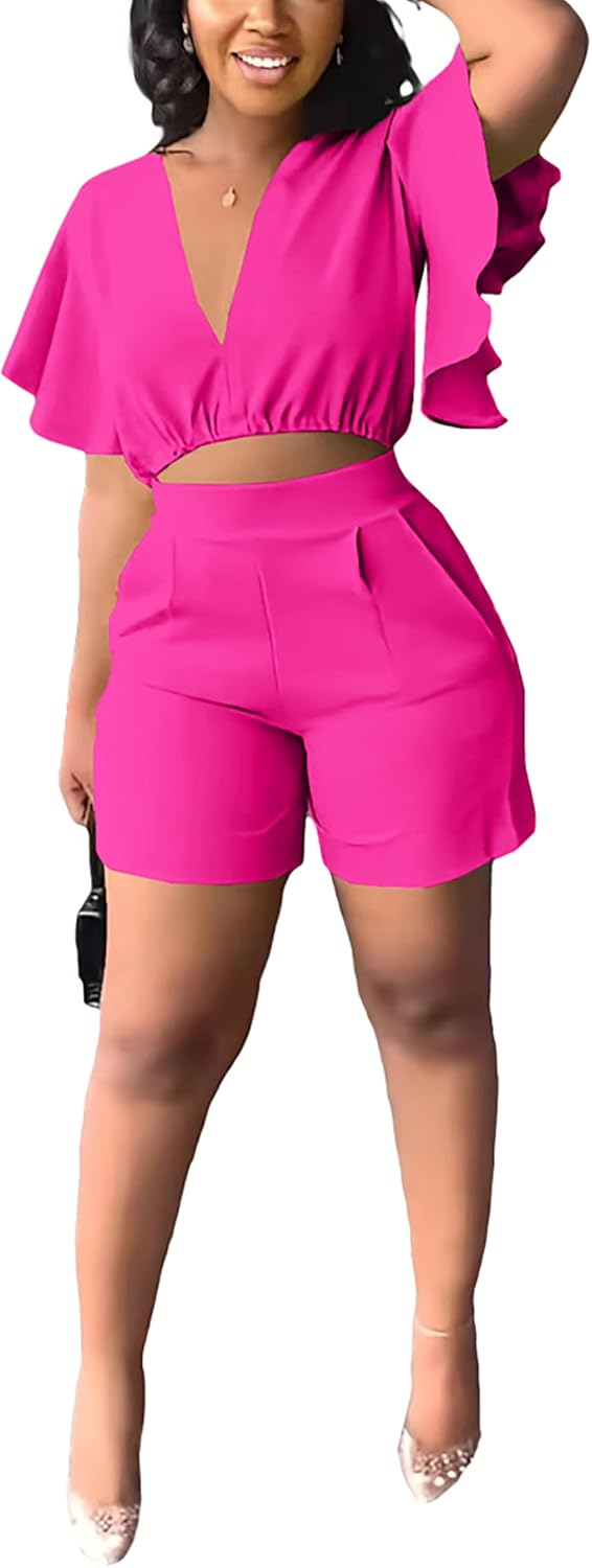 Fooullaide Womens Summer 2 Piece Outfit Set Crop Top Butterfly Sleeve Short Set Sexy Beach Vacation 2pc Sets