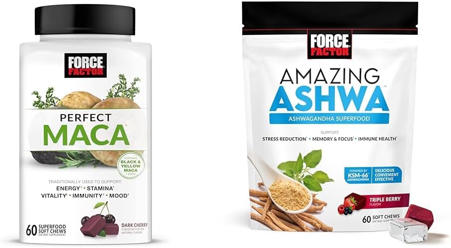 Force Factor Perfect Maca and Amazing Ashwa Soft Chews for Energy, Focus, Stress Relief with Maca Root, Ashwagandha, Vitamins and Minerals