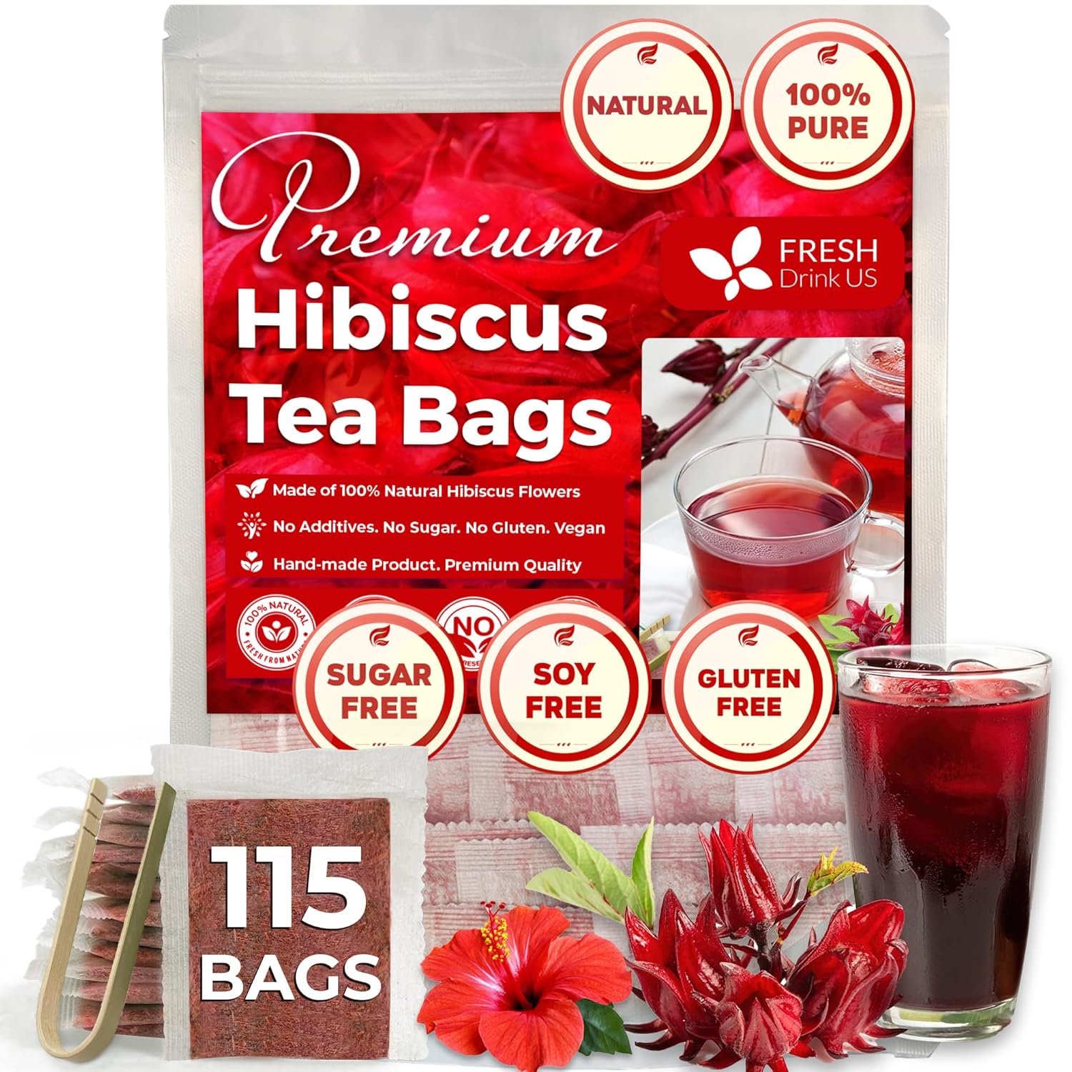 FreshDrinkUS, Premium 115 Hibiscus Flowers Tea Bags, 100% Natural & Pure from Hibiscus Flowers. Loose Flower Hibiscus Herbal Tea. Hibiscus Flower Tea. No Sugar, No Caffeine, No Gluten, Vegan.