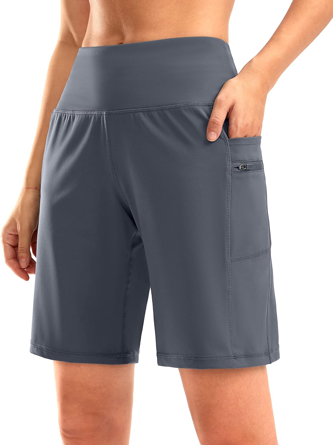 G Gradual Women’s High Waisted 9″ Bermuda Shorts with Zipper Pockets Athletic Workout Long Shorts for Women Knee Length