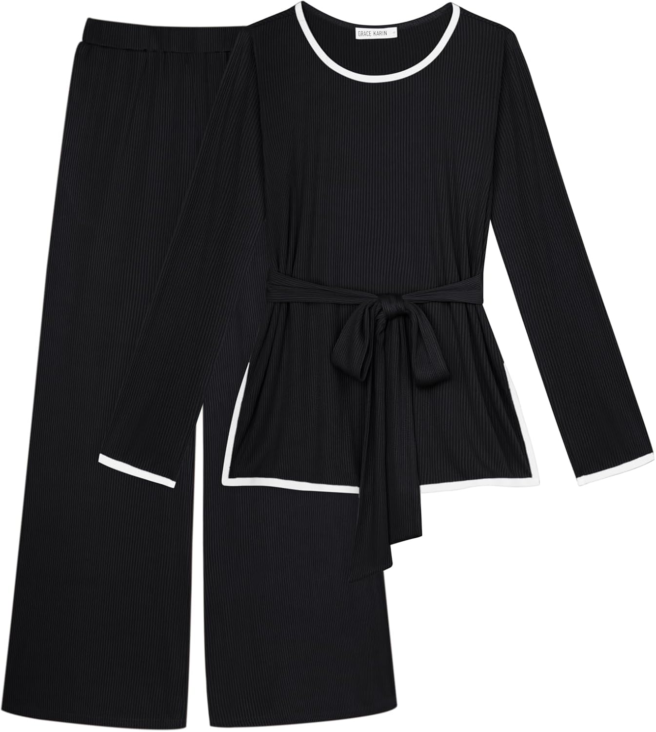 GRACE KARIN 2 Piece Sets for Women Ribbed Tie Front Top & Wide Leg Pants Lounge Matching Sets Tracksuits Fall Outfits