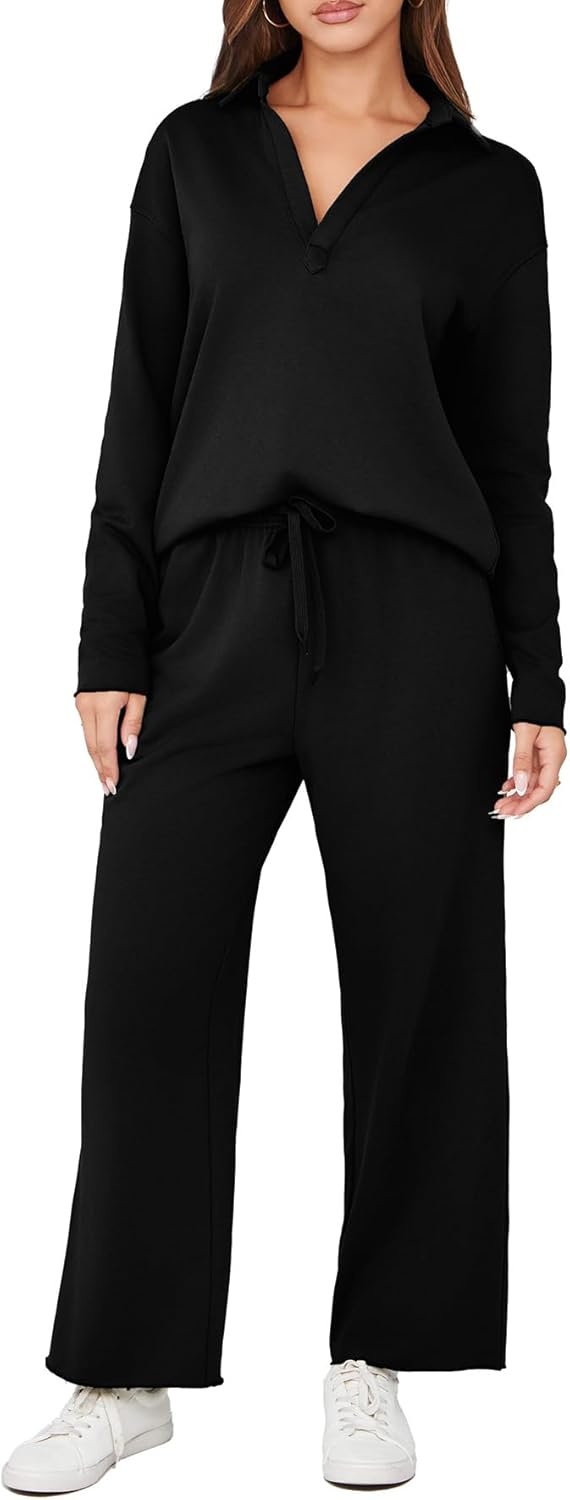 Glamaker Lounge Travel 2 Piece Sets Women Casual Airport Fall Outfit V Neck Long Sleeve Tracksuit Wide Leg Sweatsuit