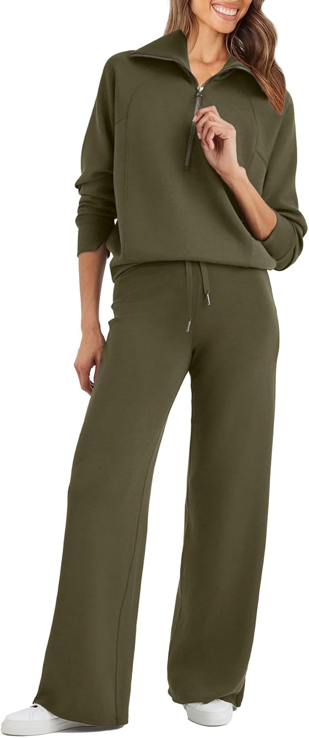 Glamaker Womens 2 Piece Outfits Sweatsuit Set Oversized Half Zip Sweatshirt Wide Leg Sweatpants Lounge Set Tracksuit