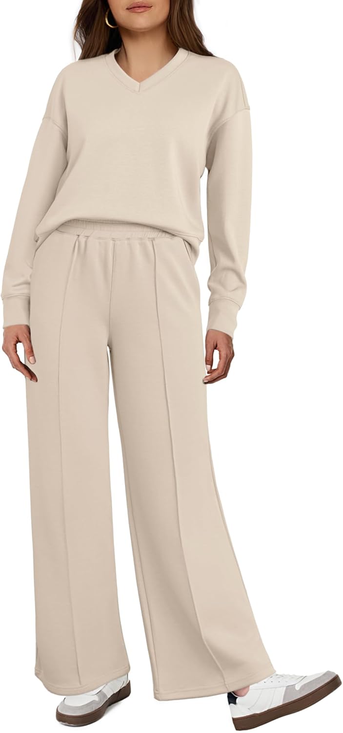 Glamaker Women’s 2 Piece Sweatsuits Sets Long Sleeve Pullover Tops Wide Leg Pants Casual Lounge Sweat Sets Fall Outfits
